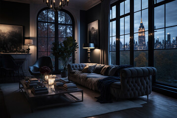 Concept art 3d illustration of luxury interior design of penthouse in new york city - obrazy, fototapety, plakaty
