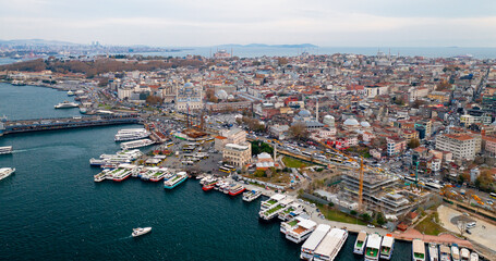 Naklejka premium Istanbul historic centre with Galata bridge and mosques. Galata Tower. Drone view. Istanbul, Turkey