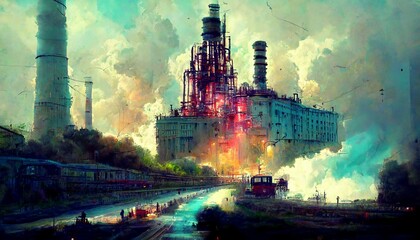 Steampunk colorful mechanical factory in the sky design illustration