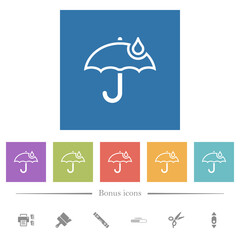 Umbrella with single raindrop outline flat white icons in square backgrounds