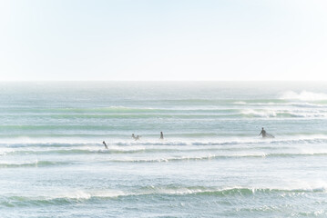Longboard surfers at the line up at Atlantic Ocean, Imsouane, Morocco