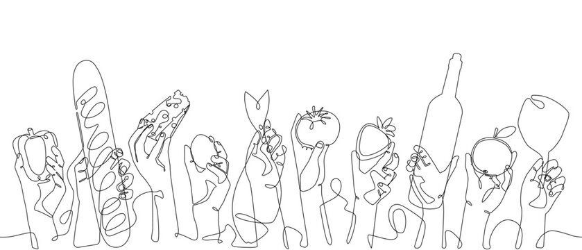 Hands holding different food. Vector background with theme of cooking. Horizontal repeating seamless pattern for kitchen. Continuous line drawn illustration with space for text above it. 