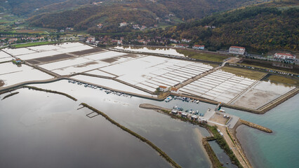 aerial view of salt flats within the Strunjan protected marine park on the coast of Slovenia in the Gulf of Trieste