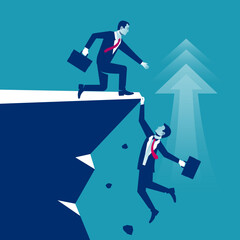 Fototapeta premium Motivation Businessman climbs up. Motivational banner. Reach the goal. Hard work. Way to success. Achievement growth. Successful people. Helping hand, teamwork. Vector illustration flat design.