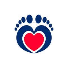 Foot care logo. Love feet emblem. Feet silhouette and red heart, symbol of care and health. Beauty salon and pedicure. Vector illustration flat design. Isolated on white background.