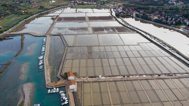 aerial view of salt flats within the Strunjan protected marine park on the coast of Slovenia in the Gulf of Trieste