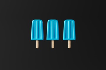 Blue ice lolly on an dark background. Concept of summer, vacation. Cooling down on warm days. 3d rendering, 3d illustration.