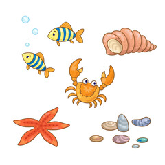 Set of sea objects. Funny crab, little fish, sink, starfish and colorful pebbles. In cartoon style. Isolated on white background. Vector illustration