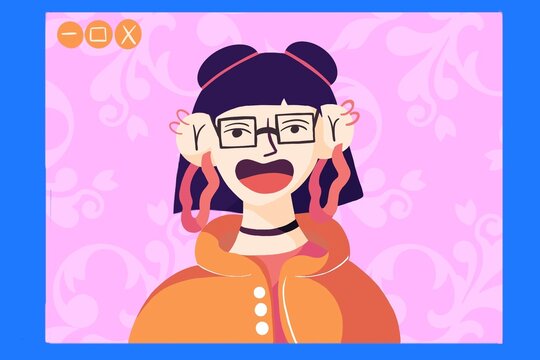 young black-haired caucasian woman in glasses talks by video conference