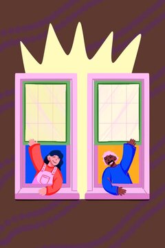 Friends in colorful clothes waving from the window of their houses