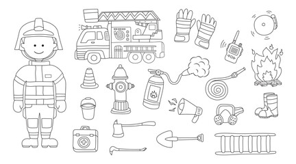 Hand drawn kids drawing vector illustration set of fireman firefighter supplies and equipment with firetruck in doodle style