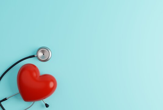 Heart and stethoscope on a light background. Health care, medical and pharmaceutical concept. Caring for the heart, heart problems, heart attack prevention. 3D render, 3D illustration.