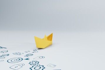 A paper ship leaving a trail of business icons behind. The concept of doing business, discovering new challenges, solving problems. 3D render, 3D illustration.