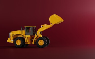 Big charger on a dark background. Industrial concept, using loaders, bulldozers for industrial work. 3D render, 3D illustration.