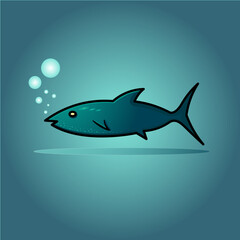 Greenish blue fish in greenish blue ocean or sea with bubbles