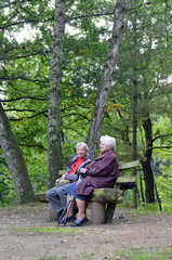zwei seniorinnen sitzen auf einer bank im wald