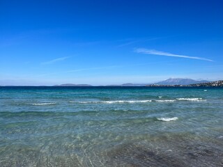 Blue seascape, azure sea surface and blue sea, sea horizon background