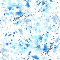 Abstract paint splatter seamless pattern. Hand drawn watercolor background with blotches and splashes in turquoise hues.