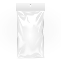 Mockup Blank Plastic Pocket Bag. Transparent. With Hang Slot. Illustration Isolated On White Background. Mock Up Template Ready For Your Design. Vector EPS10