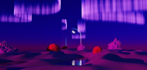 Surreal Beautiful Dream land background. Abstract Dune in winter season landscape with geometric arch. Fantasy island scenery with water and natural cloudy sky. Metallic mirror arch. 3d render.