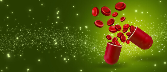 Erythrocytes on a green background fly from a red large capsule. Health concept. - obrazy, fototapety, plakaty