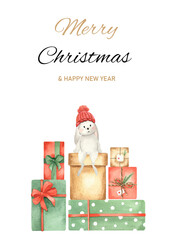 A Christmas card with a rabbit character sitting on a pile of gift boxes. A lot of Christmas gifts, on which the Bunny character is sitting in a knitted red hat. Design for a Christmas card
