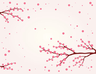 Traditional Asian background with plum blossoms, flowers, tree branches in bloom. Oriental, eastern style vector illustration. Design concept for spring, Lunar New Year promotion, sale, advertising.