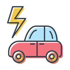 Vector isolated car icon with lightning sign. Electric car and environmental conservation.
