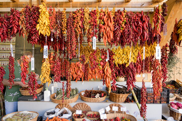 wide range of chili peppers at covered market, Funchal, Madeira