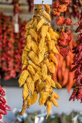 Pimenta Limao yellow chili peppers at covered market, Funchal, Madeira