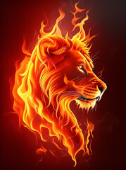 Fire Lion - digital drawing of a fiery lion on a dark red background