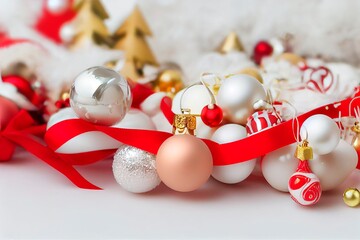 Luxury red christmas decorations with pearls, ribbons, stars, bells isolated on white background