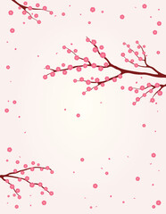 Traditional Asian background with plum blossoms, flowers, tree branches in bloom. Oriental, eastern style vector illustration. Design concept for spring, Lunar New Year promotion, sale, advertising.