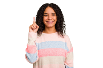 Young Brazilian curly hair cute woman isolated showing number one with finger.
