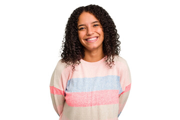 Young Brazilian curly hair cute woman isolated happy, smiling and cheerful.