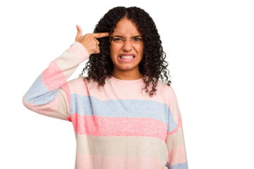 Young Brazilian curly hair cute woman isolated showing a disappointment gesture with forefinger.