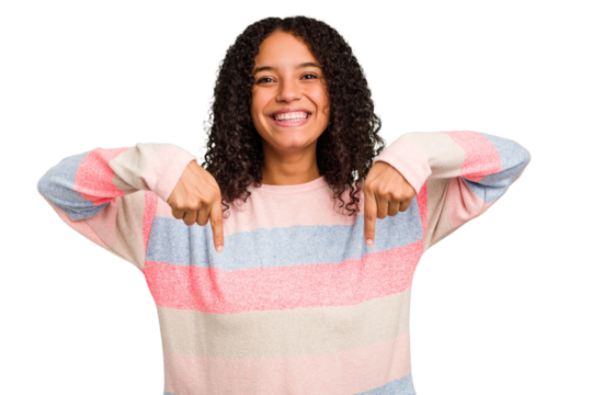 Young Brazilian curly hair cute woman isolated points down with fingers, positive feeling.