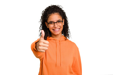 Young Brazilian curly hair cute woman isolated smiling and raising thumb up