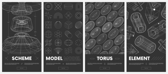 Collection vector posters with strange wireframes of geometric shapes modern design inspired by brutalism, structures of various shapes, retro futuristic graphics set 10