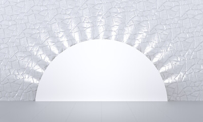 White 3d background. Product display presentation. Bright room, semi-circular backdrop, spotlighting. 3d render