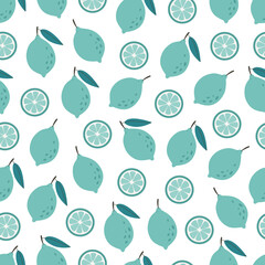 Fresh lime seamless pattern. Citrus fruit seamless pattern. Healthy food. Flat, hand drawn texture for wallpaper, textile, fabric, paper. Hand drawn vector illustration
