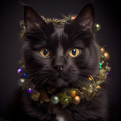 black cat portrait christmas lights