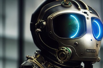 The head of a man in a special futuristic space suit - helmet, neon stroke on the eyes and glare in the reflection of the lenses
