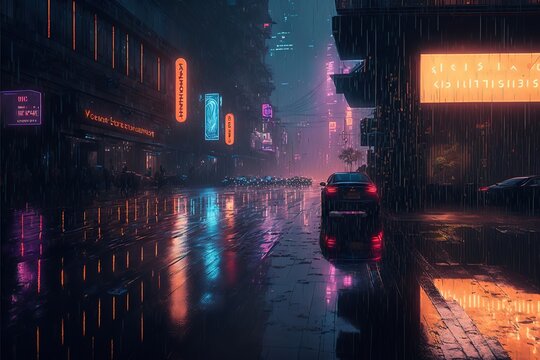 Cityscape, quiet empty street with parked car and neon signs, rainy night in the city, cyberpunk city illustration