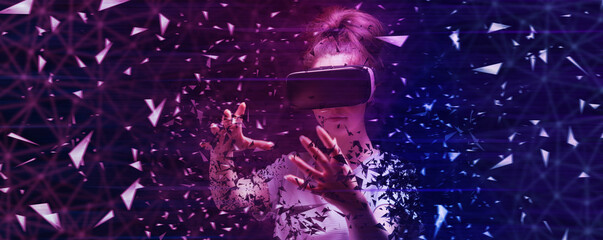 Banner of metaverse. A young woman in VR glasses creates objects in virtual reality. Dark background with neon fragments of triangles. Copy space. The concept of 3D simulation and cyber space