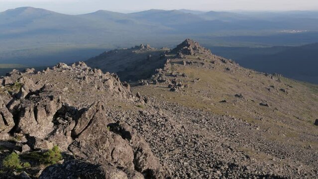 Mountain range against the backdrop of mountains. Ural mountains. Mount Silverstone.