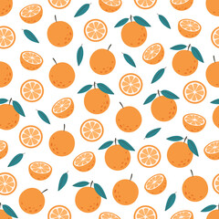 Fresh orange seamless pattern. Citrus fruit seamless pattern. Healthy food. Flat, hand drawn texture for wallpaper, textile, fabric, paper. Hand drawn vector illustration