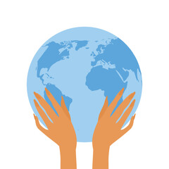 Planet earth and human hands. Care for planet concept. Flat vector illustration.