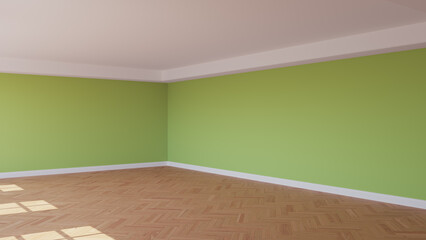 Corner of the Sunlit Room with Light Green Walls, a White Ceiling and Cornice, Glossy Herringbone Parquet Floor, and a White Plinth. Unfurnished Room Concept. 3d rendering, Ultra HD 8K, 7680x4320