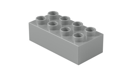 Fototapeta premium Metallic Silver Plastic Bricks Block Isolated on a White Background. Children Toy Brick, Perspective View. Close Up View of a Game Block for Constructors. 3D illustration with a Work Path. Ultra HD 8K